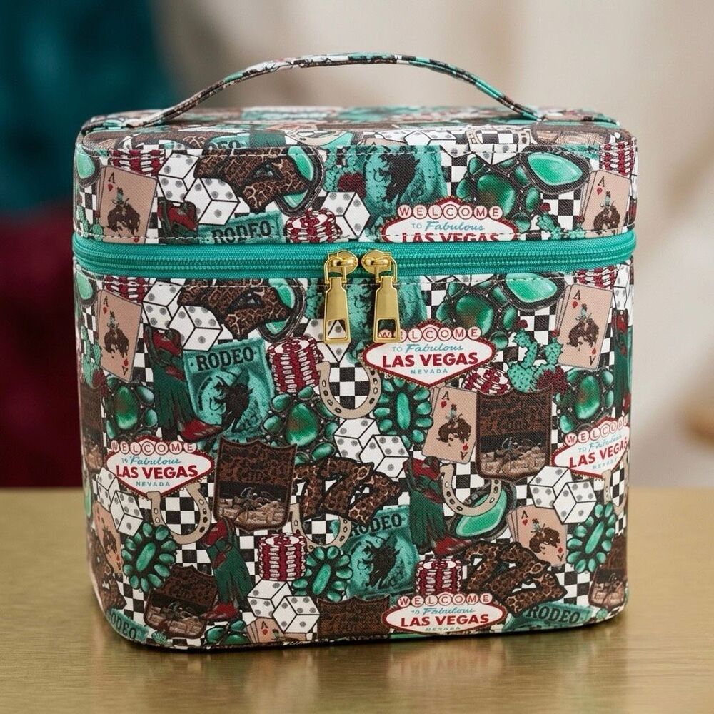 Western Las Vegas Rodeo Travel Makeup Bag Turquoise Checkered Organizer Case